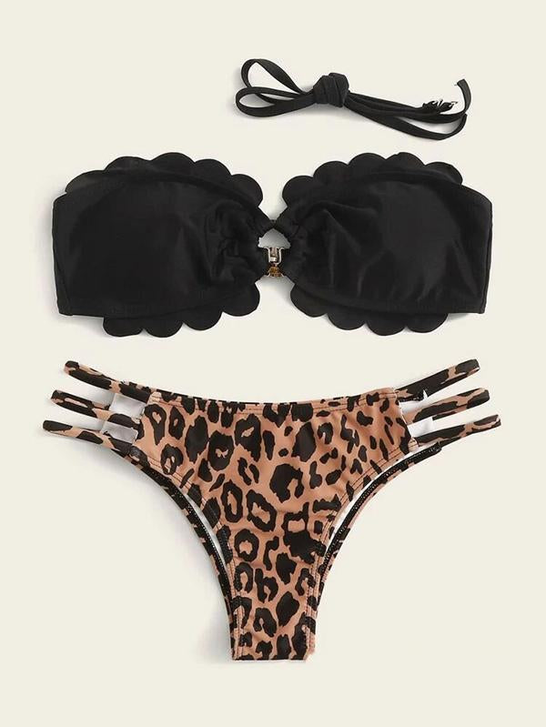 Strapless Hollow Leopard Print Bikini Swimsuit