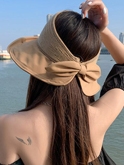 Stylish Solid Color Split-Joint Bow-Embellished Sun-Protection Large Wide Brim Knitted Hat