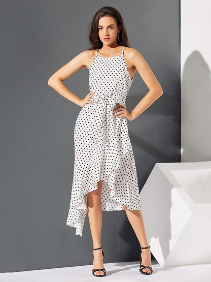 Polka-Dot  Printed  Irregular Hem  Sleeveless Midi Dress