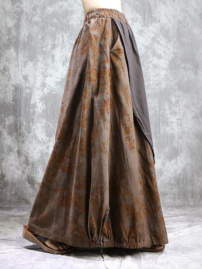 Loose Ramie Cotton Split-joint Printed Skirt Bottom