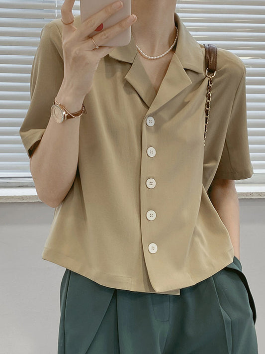 Urban Solid Color Notched Collar Short Sleeves Blouses& Blazer