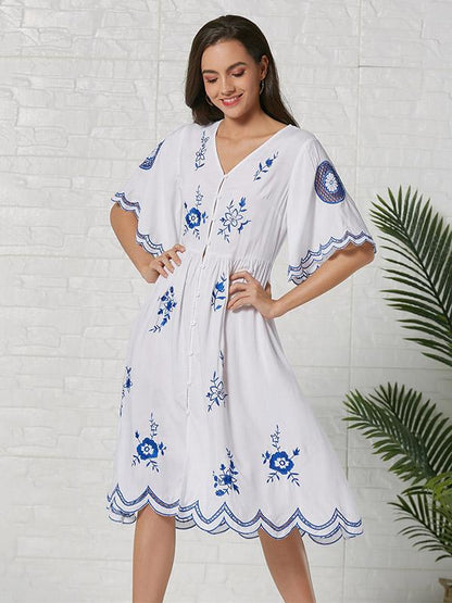 Bohemia Embroidered Hollow  Lace-trimmed Cotton Midi Dress