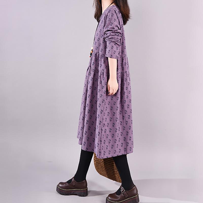 Buykud Casual Plant Printed O-Neck Pullover A-Line Dress