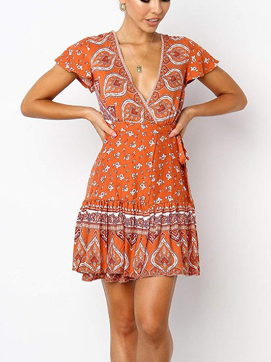 Floral Flared Sleeves V-neck Mini Dress