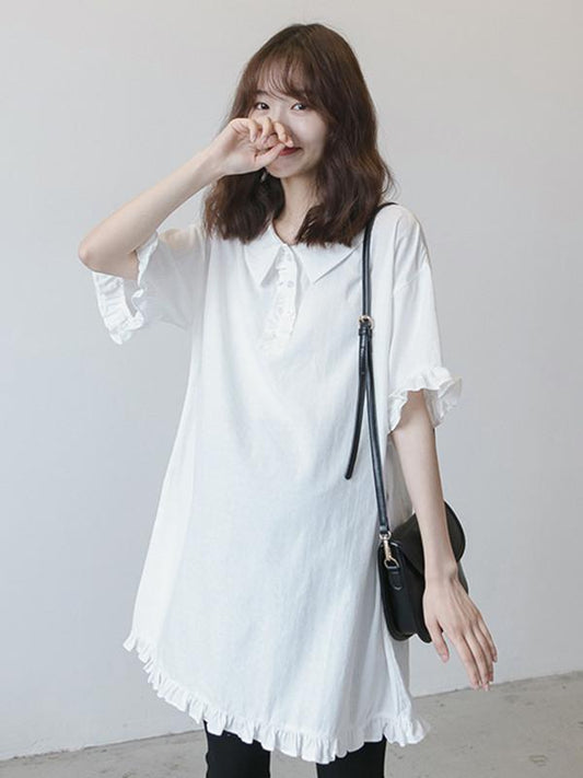 Maternity Solid Ruffled Short Sleeves Lapel Midi Dress