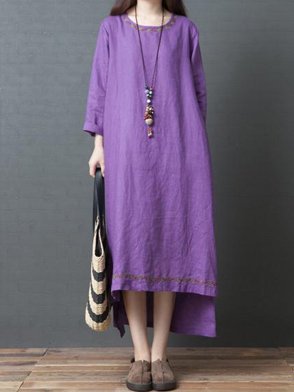 Solid Round-neck Loose Long Dress