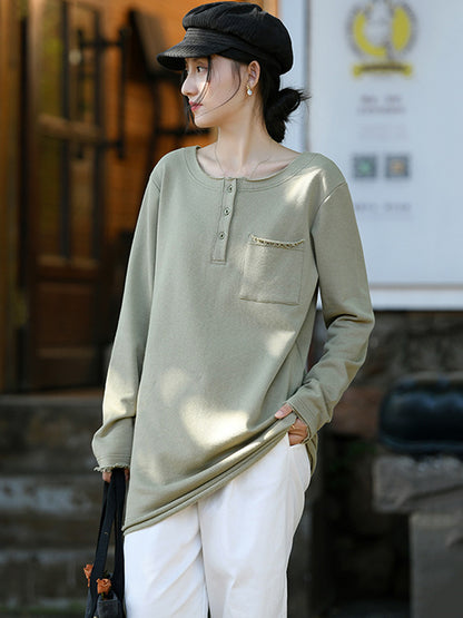 Artistic Retro Long Sleeves Loose Solid Color Round-Neck T-Shirts Tops