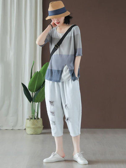 Casual Meryl Striped Split-side T-shirt