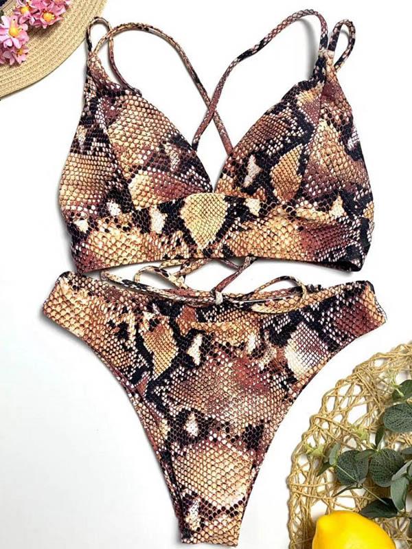 Snake-Print Bandage Split Bikini Swimsuit