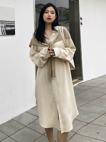 Simple Solid Color Buttoned Lapel Long Sleeves Shirt Dress
