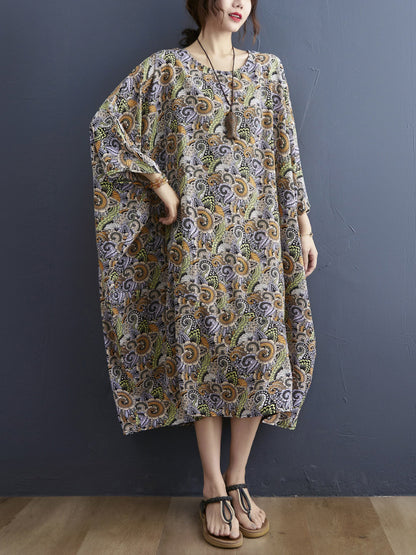 Loose National Floral Printed Round-Neck Batwing Sleeves Midi Dress