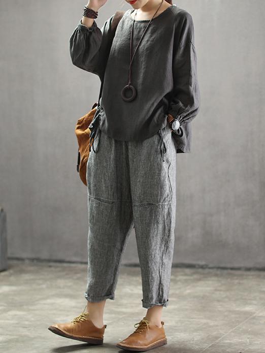 Vintage Split-joint Elasticity Ramie Cotton Harem Pants
