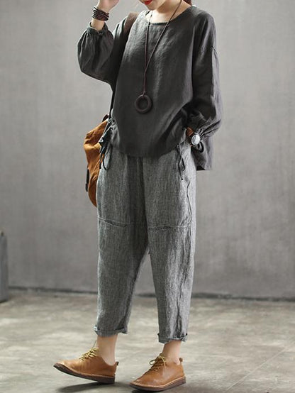 Vintage Split-joint Elasticity Ramie Cotton Harem Pants