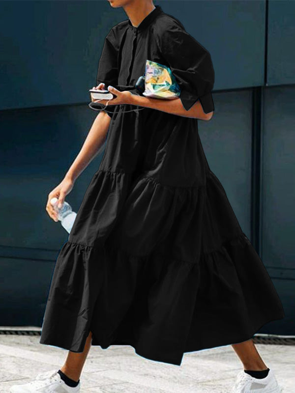 Original Solid Color Split-Joint Pleated Buttoned Stand Collar Half Puff Sleeves Midi Dress