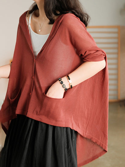 Casual Batwing Sleeve Hooded High-Low V-Neck Buttoned Cardigans