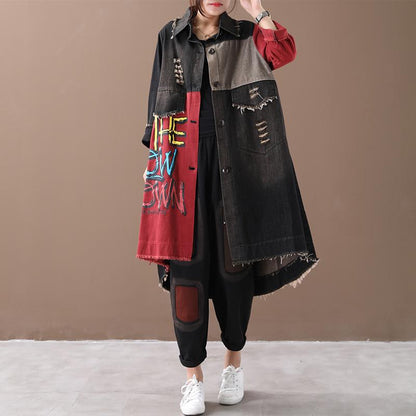 Buykud Letter Printed Hole Burr Casual Denim Dress
