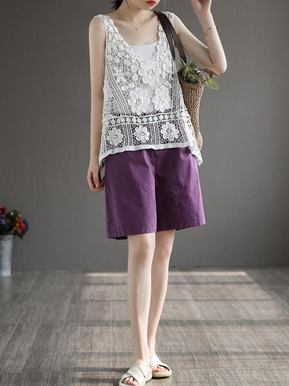 Stylish Solid Color Embroidered V-Neck Vest Tops