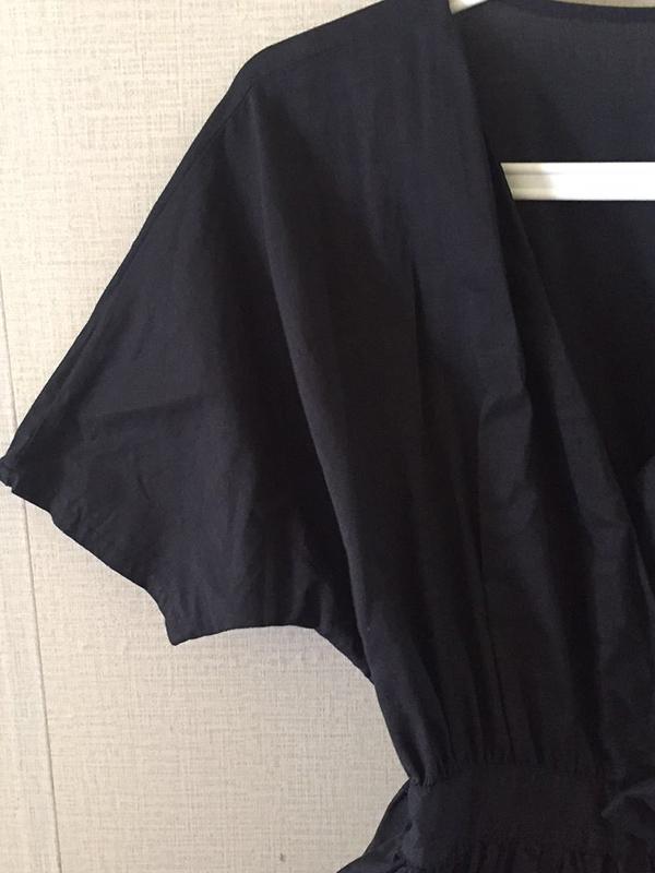 Ramie Cotton  Black Loose V-neck Batwing Sleeves Linen Dress