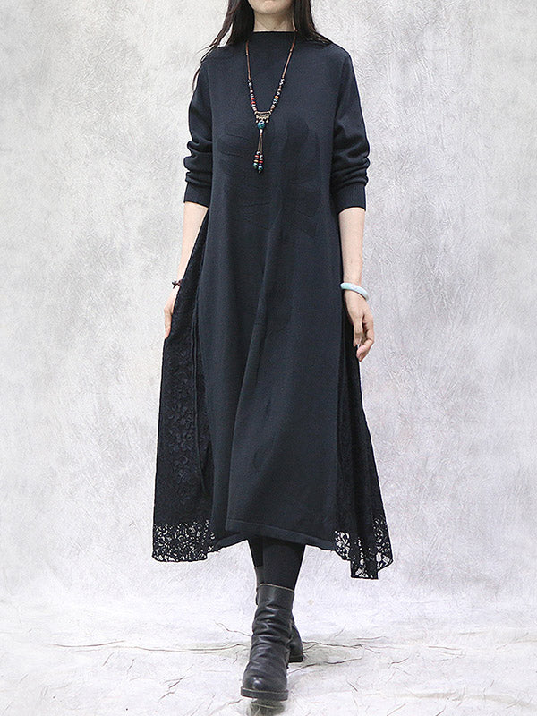 Artistic Retro Solid Color Split-Joint Embroidered Falbala Hollow Lace Tied Stand Collar Long Sleeves Knitted Sweater Dress