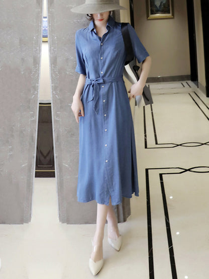 Urban Denim Blue Belted Lapel Short Sleeves Oversize Midi Dress