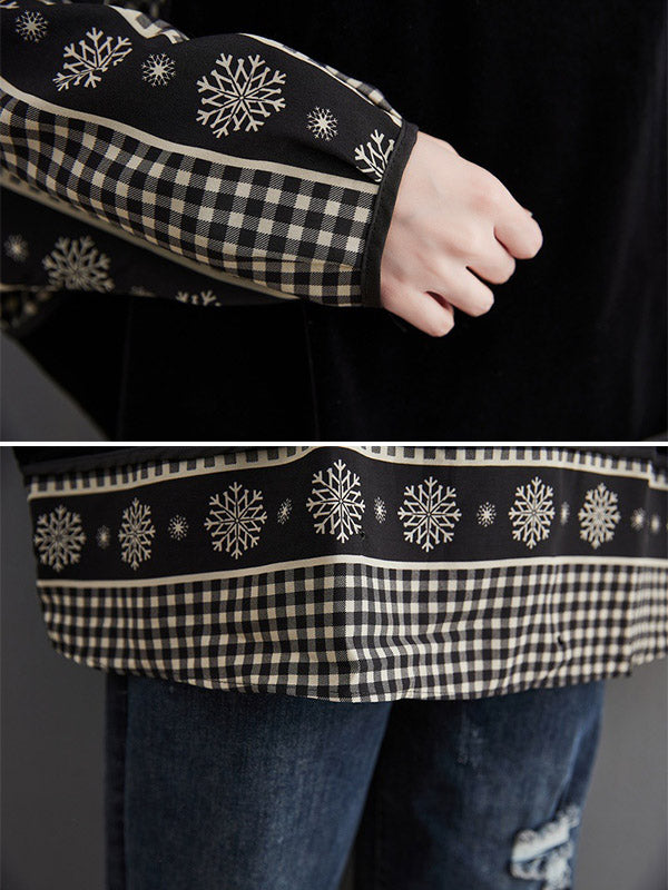 Casual Loose Plaid Floral Printed Lapel Collar Long Sleeves False Two Blouse