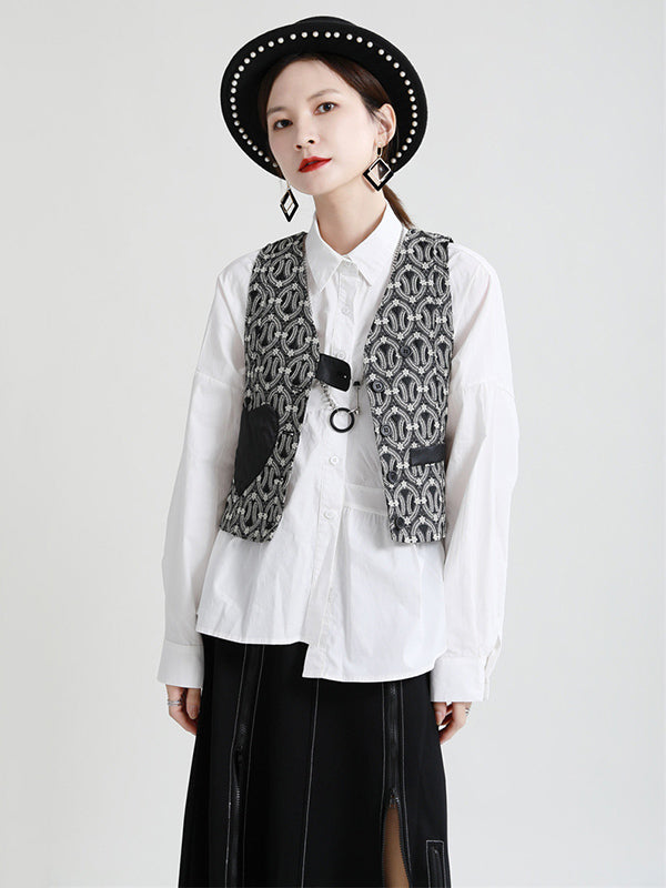 Original Irregular Solid Color Split-Joint Pleated Buttoned Lapel Collar Long Sleeves Blouse
