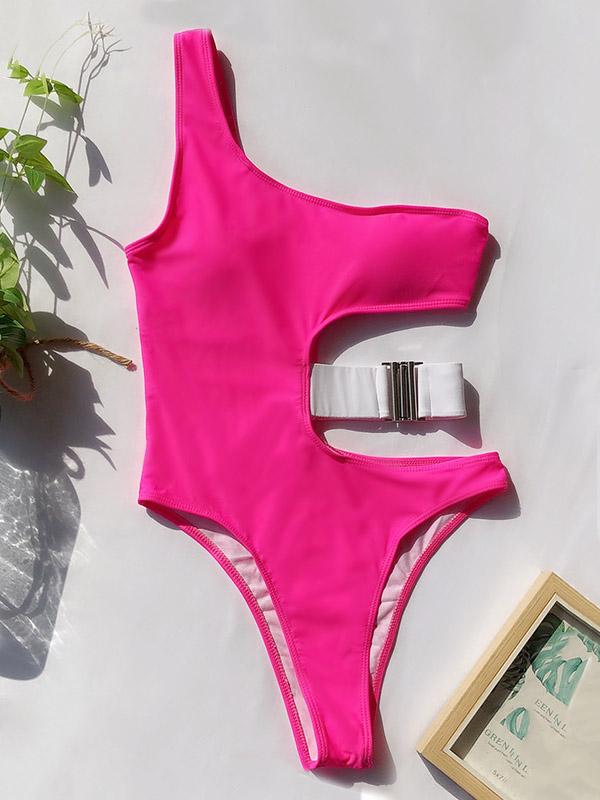 One-Shoulder Hollow Waist Buckle One-Piece Swimwear