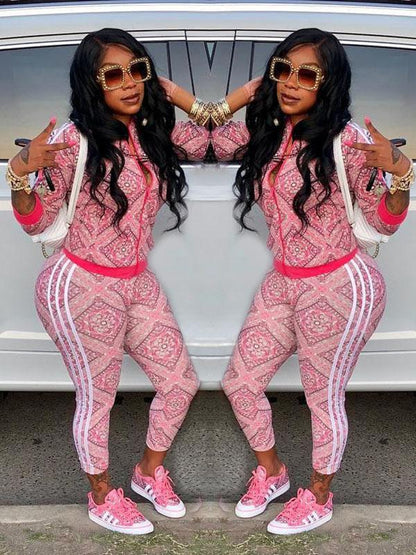 Contrast Trim Printed Jacket And Leggings Suits