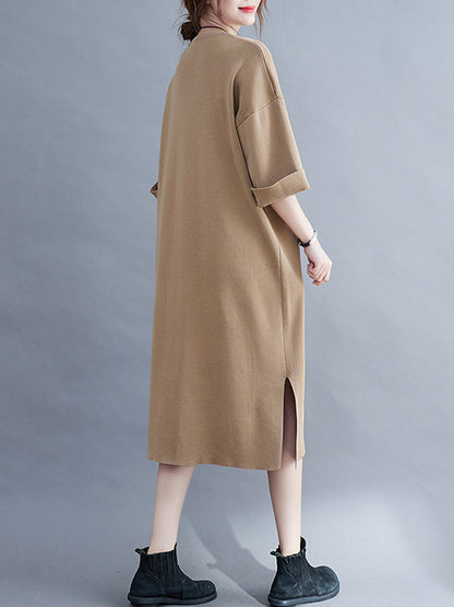 Urban Solid Color V-Neck Split-Side Knitting H-Line Sweater Dress