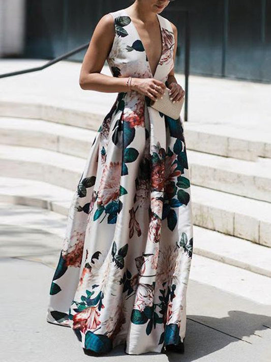 Floral Deep V neck Maxi Dress