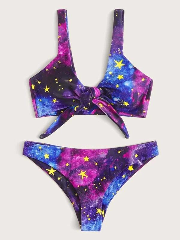 Starry Sky Print Knotted Split Bikini Swimsuit