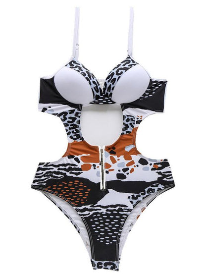 Spaghetti-Neck Printed Hollow One-Piece Swimsuit