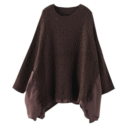 Buykud Loose Batwing Sleeve Pleated Spliced Sweater