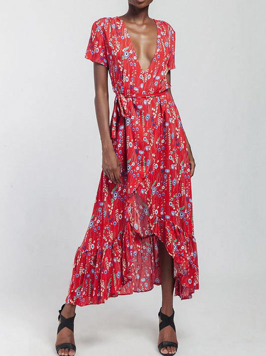 V-neck Floral Cut Irregular Hem Maxi Dress