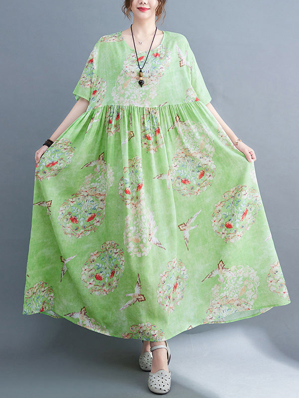 Loose Artistic Loose Floral Printed Pleated Midi Dress