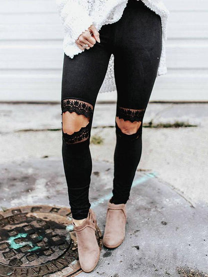 Split-joint Lace Hollow Solid Leggings