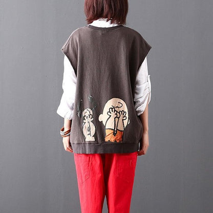 Cartoon Letter Print Sleeveless O-neck Top
