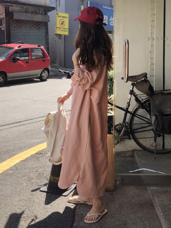 Casual Ramie Cotton Solid Color Buttoned Lapel Collar Long Sleeves Midi Shirt Dress