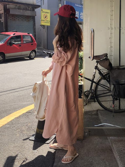 Casual Ramie Cotton Solid Color Buttoned Lapel Collar Long Sleeves Midi Shirt Dress