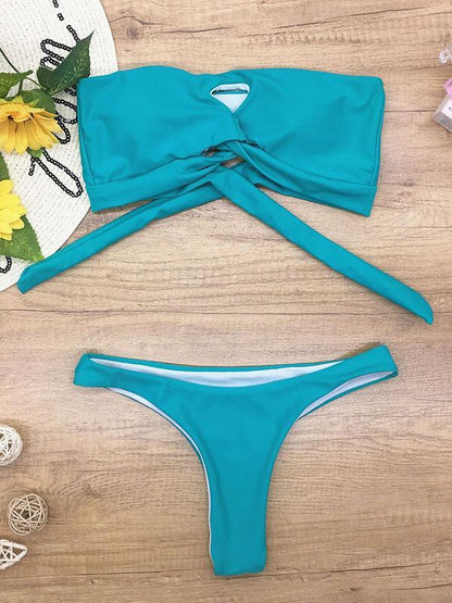 Strapless Knotted Solid Color Split Bikini Swimsuit