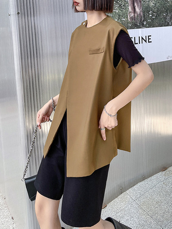 Urban Irregular Solid Color Buttoned Round-Neck Sleeveless Vest Outwear