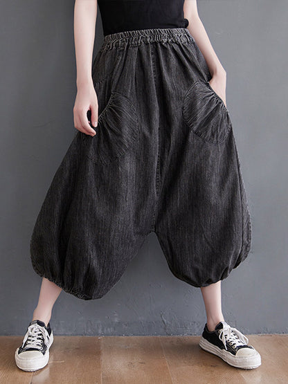 Loose Casual Elasticity High-Waist Wide Legs Jean Pants Knickerbockers