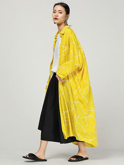Original Ramie Cotton Printed Lapel Long Blouse Dress