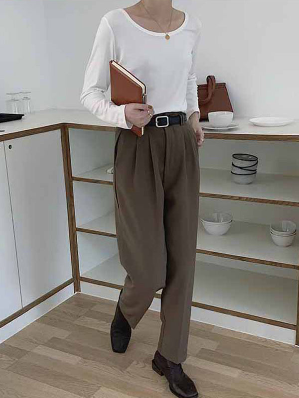 Casual Solid Color Long Sleeves Round-Neck T-Shirt Tops