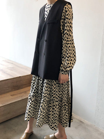 Stylish Polka-Dot Pleated Round-Neck Long Sleeves Loose Midi Dress