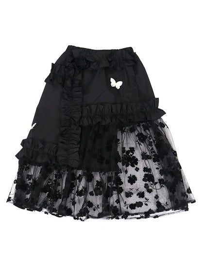 Stylish Mesh Hollow Embroidered Elasticity Split-Joint Strap Skirt