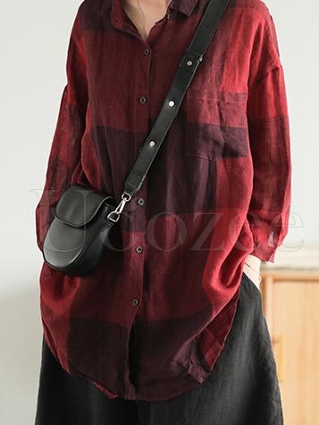 Retro Linen Plaid Long Shirt