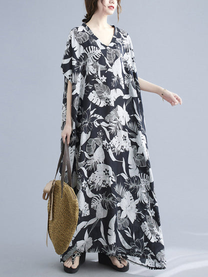 Loose Floral Printed V-Neck Half Sleeves Maxi Dress