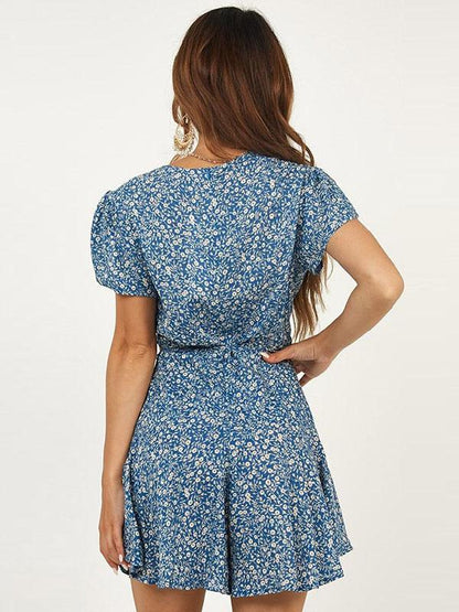 Loose V-neck Short Sleeves Printed Rompers