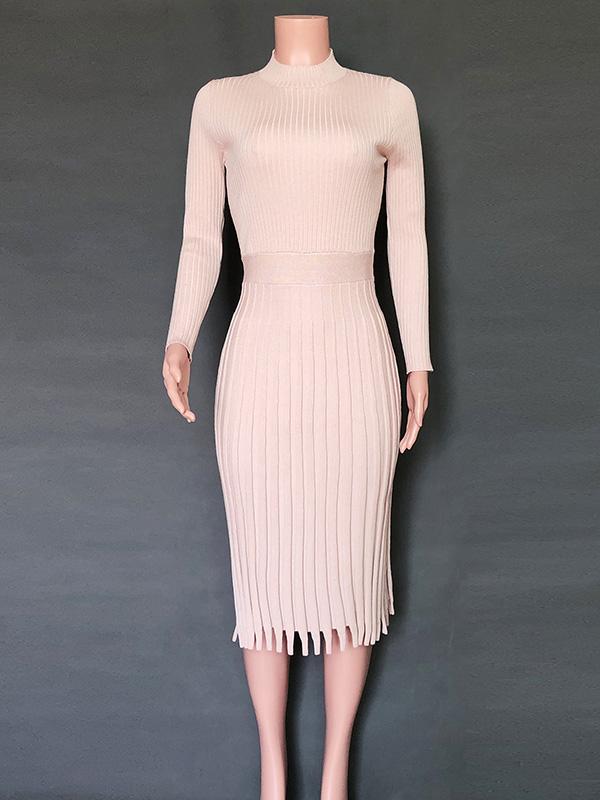 Solid Long-Sleeves Midi Dress